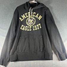 American Eagle Men's Hoodie SizeL Black Pullover Long Sleeve Athletic Fit Cotton