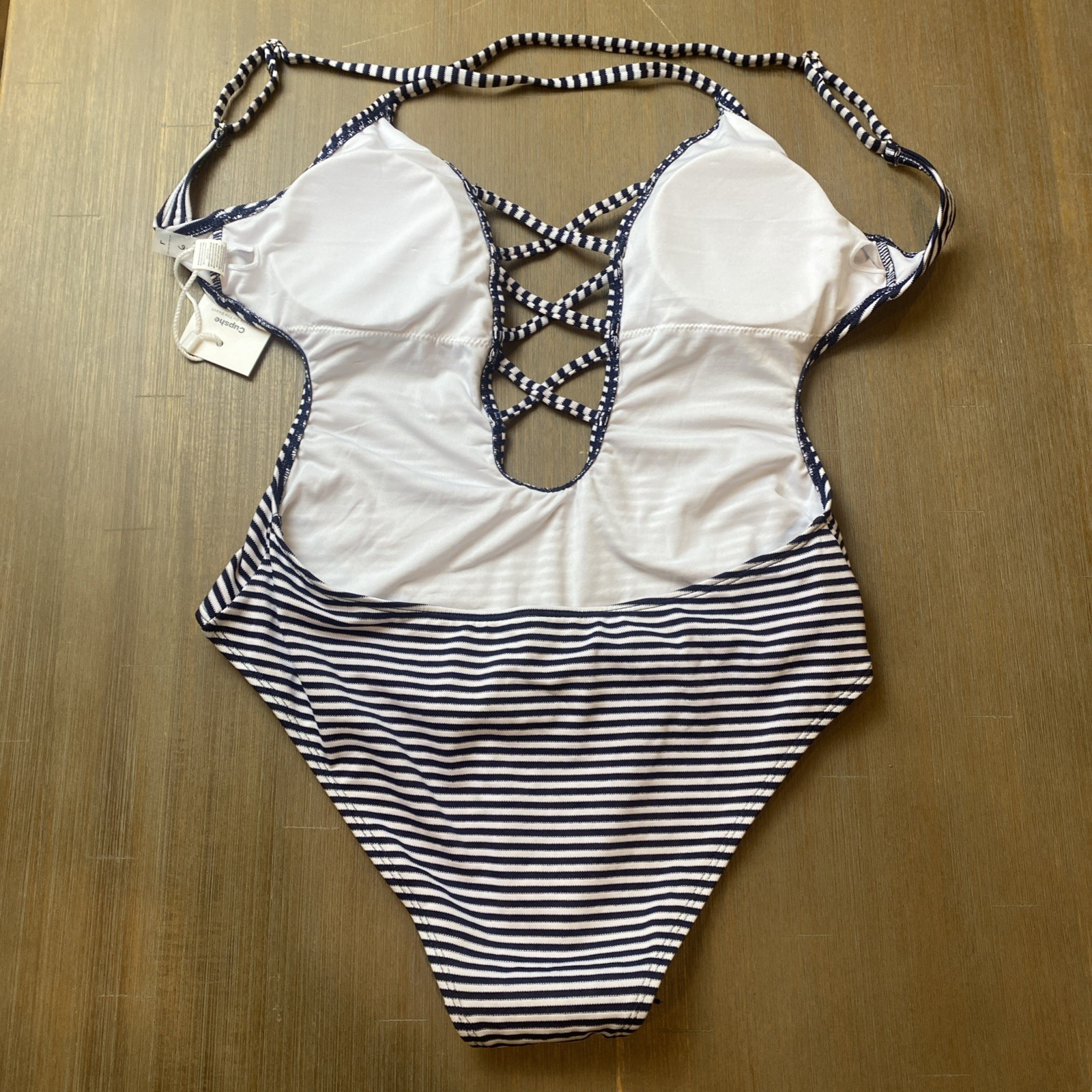 CUPSHE Black/White Stripe  1 Piece Swimsuit SZ L NWT Beach Backless  Adjustable