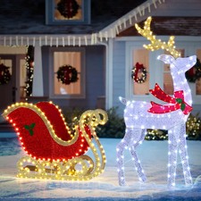 5FT Lighted Christmas Reindeer and Sleigh, Outdoor Christmas Decorations
