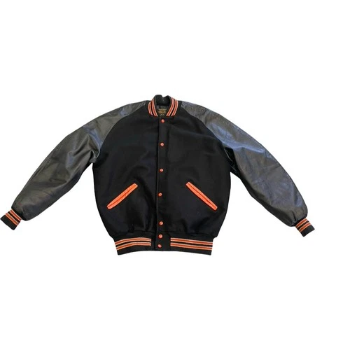 Vintage DeLong Varsity Jacket Mens XL Black Blank Letterman USA Leather Wool 80s video thumbnail