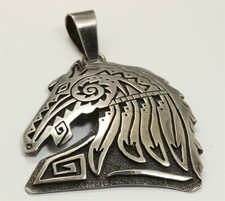 Vintage Sam Gray Navajo Sterling Silver Large Stamped Overlay Horse Pendant 26g
