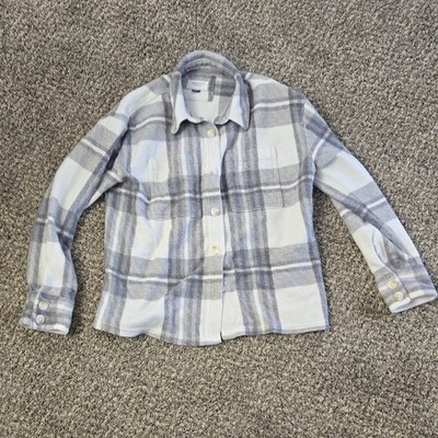 American Eagle Plaid Fleece Button-Up Shirt Jacket Women's XS Gray White