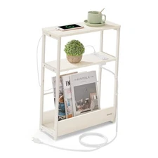  Side Table with Charging Station, Narrow End Table, 3-Tier Cream White