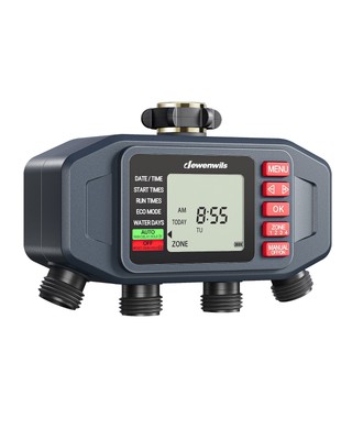 DEWENWlLS Sprinkler Timer, 4 Zone, Outdoor Faucet lrigation, Rain Delay & Manual