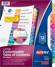 Avery 11141 Ready Index TOC Dividers, Tabs 1-12, Letter Size, Color, 12 Tabs/ST