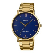 Casio Men  s Gold Analog Watch Blue Dial Steel Bracelet - MTP-VT01G-2BUDF