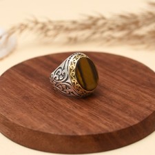 Handmade Natural Gemstone-Tiger Eye 925-Streling Silver-Solid Men's Ring Wedding