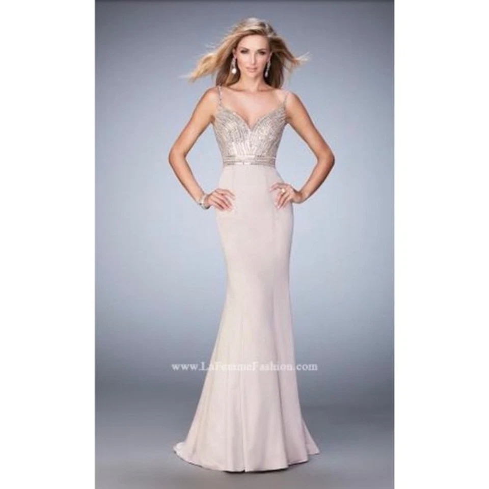 La Femme Champagne Stretch Satin Prom Dress Gown with Crystal Embellishments - Изображение 2 из 4