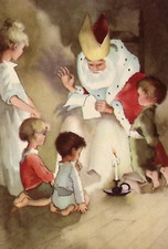 1950s BELGIUM Christmas Postcard Young Children Visit St Nicolas in Candlelight