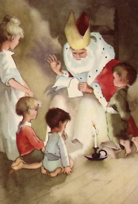 1950s BELGIUM Christmas Postcard Young Children Visit St Nicolas in Candlelight