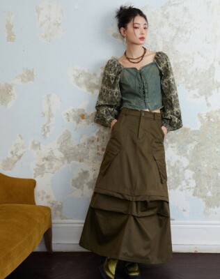 Designer Vintage Cargocore Maxi Skirt Size 2 4 6 8 High Waist A