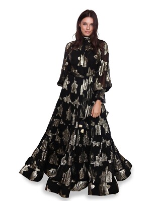 Long Evening Dress By Diamond For Eden Black Chiffon Gold 8/10 S/M Sleeves  | eBay