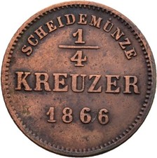 Schwarzburg Rudolstadt Cu 1/4 Cruiser 1866 Copper 1.2g Coin Genuine #ATO229