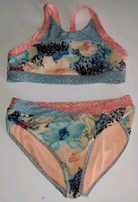 ATHLETA GIRL pink Blue Floral 2 Piece Athletic Bikini Swimsuit. Girls L 12