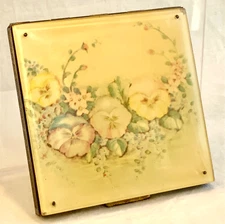 VTG Powder Compact Rex Fifth Avenue Puff Mirror Floral Pansies Celluloid Light
