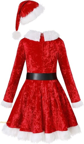 Kids Girls Christmas Ballet Dress Elf Santa Dancing Skating Costume+Xmas Hat Set - Picture 3 of 12