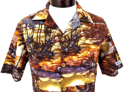 Vtg 80s SUN SHOT California Men's M Hawaiian Shirt Brown Palm Floral Sunset USA*