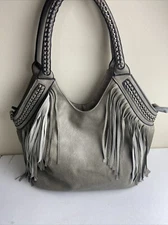 Mumoo Bear Fringed PU Leather Hobo Bag With Braided Metal Accents Gray