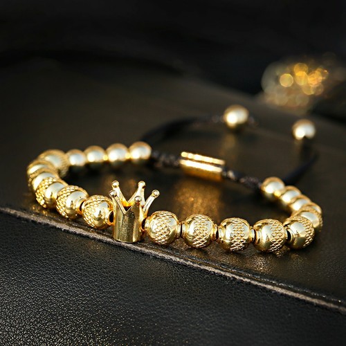 Luxury Men's Micro Pave CZ Ball Crown Charm Bracelet Copper Bead Bracelets Gift - Picture 48 of 78