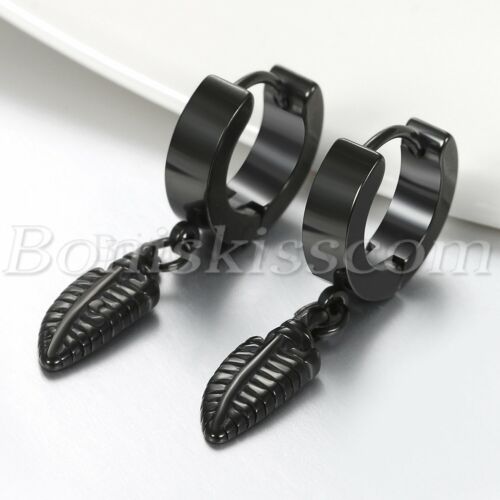 Mens Women Stainless Steel Feather Drop Dangle Huggie Hinged Hoop Studs Earrings - Picture 13 of 30