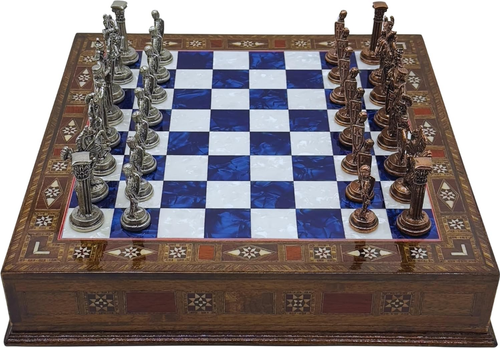 15’’ Handmade Chess Set, British Army Metal Pieces, Storage Wood Board, Blue - Picture 3 of 5