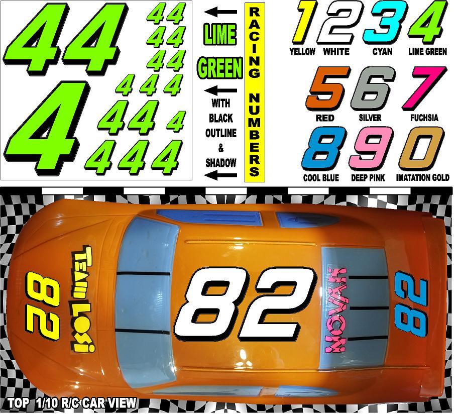 LIME GREEN  (#4's) Racing Numbers Decal Sticker Sheet 1/8-1/10-1/12 | RC Models