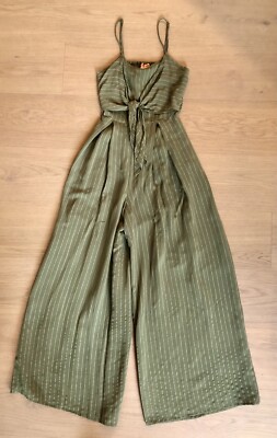 FLYING TOMATO Green Stripe Jumpsuit Front Tie Open Back Wide Leg Size X-Small