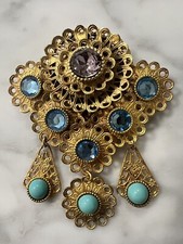 LARGE VINTAGE  FILIGREE TURQUOISE GLASS & RHINESTONE DRESS CLIP, 3.5”, DANGLES