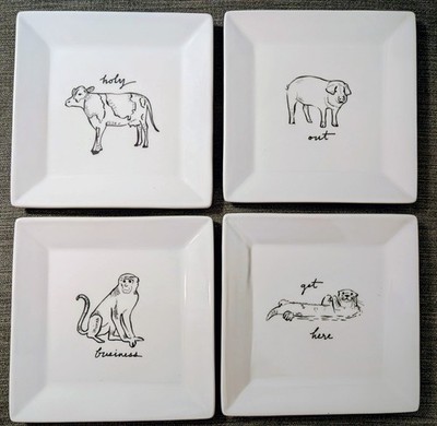 The Cellar 6'' Square White Appetizer Plate Set w/ Fun Phrases (Set of 4)