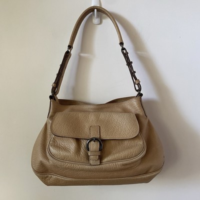 Max Mara Camel Pebbled Leather Shoulder Bag Buckle Chain Detail Good Condition