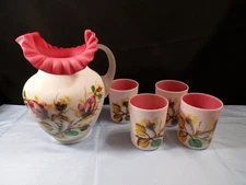 Fenton L.G. Wright Milk Glass Peach Blow Moss Rose Water Set Pitcher 4 Tumblers