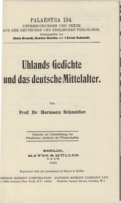 Uhlands Gedichte und das deutsche Mittelalter Schneider, Prof. Dr. Hermann: