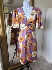 Asos design UK 8 70s Style Floral Mini Dress Puff Sleeves V Neck Festival Y2K