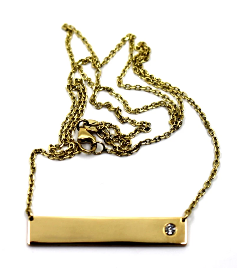 Delicada etiqueta de barra de oro amarillo macizo de 14 K con collar colgante de diamantes de 17,5" pulgadas Foto 3 de 4