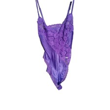 Vintage Lady Lynne Purple Shiny Silky Lace Trim Snap Bottom Teddy Women's Small