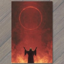 POSTCARD Occult Ritual Summoning Fire Eclipse Red Smoke Hooded Figure Halo