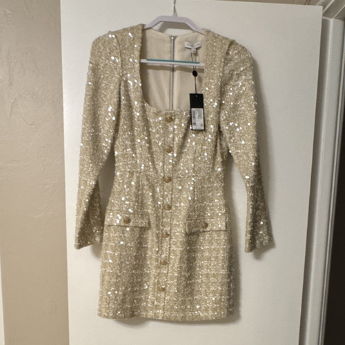 Gianni Bini Gold Tweed Sequin Square Neck Long Sleeve Sheath Dress Zip 2