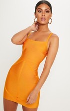 Pretty Little Thing Orange Bandage Deep Neck Straps Dress Uk 6-8