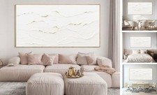 Large Wavy Line White Abstract Wall Art with Frame 58"L x 29"W White and Gold