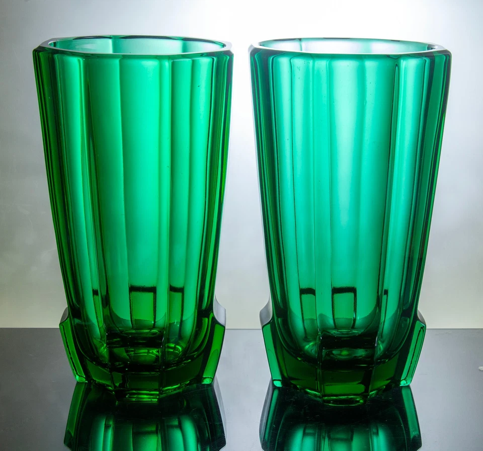 Pair of Vintage Czech Sklo Glass Vases by Rudolf Schrotter 1930s Art Deco style - image 2 of 4
