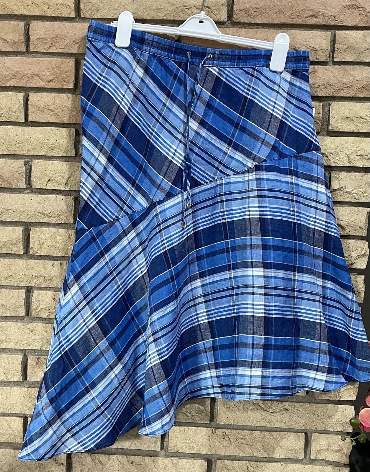 Ralph Lauren Sz 12 Plaid Midi Asymmetric Hem Skirt 100% Linen NWT