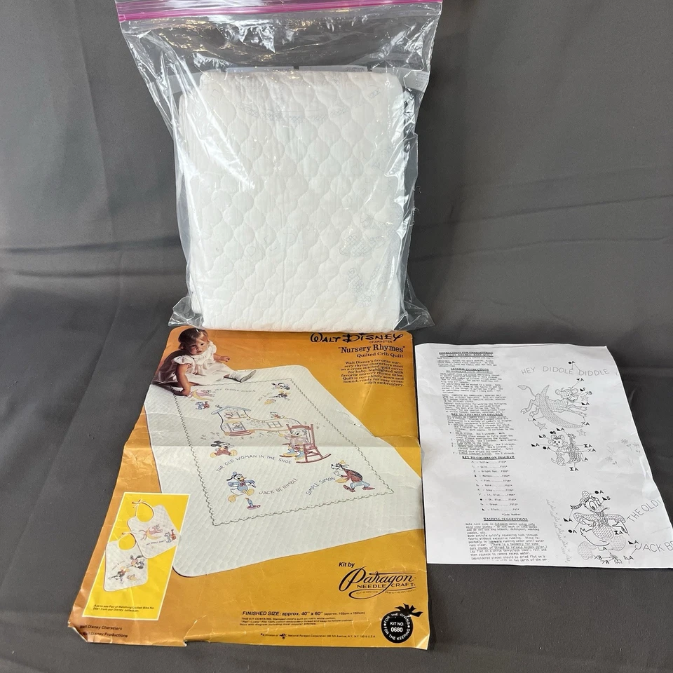 70 VTG Walt Disney Nursery Rhymes Prequilted Crib Quilt Cross Stitch Kit Paragon - Image 1 of 4