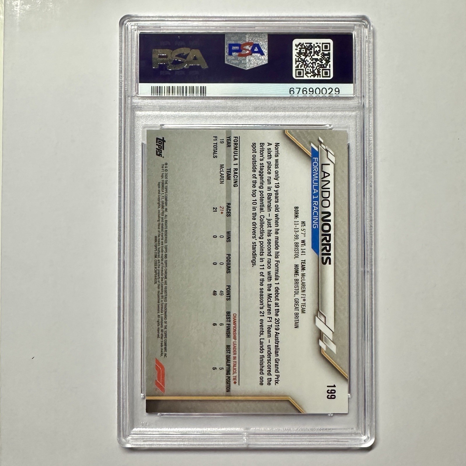 2020 Topps Chrome Formula 1 F1 Lando Norris RC #199 PSA 10 Rookie McLaren view 2