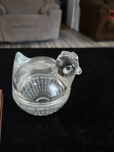 Vintage Anchor Hocking Clear Glass Chicken, Hen On Nest Dish Bowl Candy Trinket