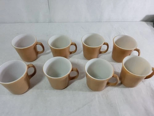 Corning Pyrex Cinnamon Baige Coffee Mugs Set of 8 Vintage Milk Glass