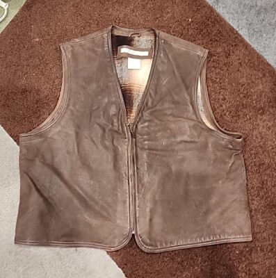 Perry Ellis Mens Vest Brown Genuine Leather Sz XL Wool, Polyester, Cotton  Lined