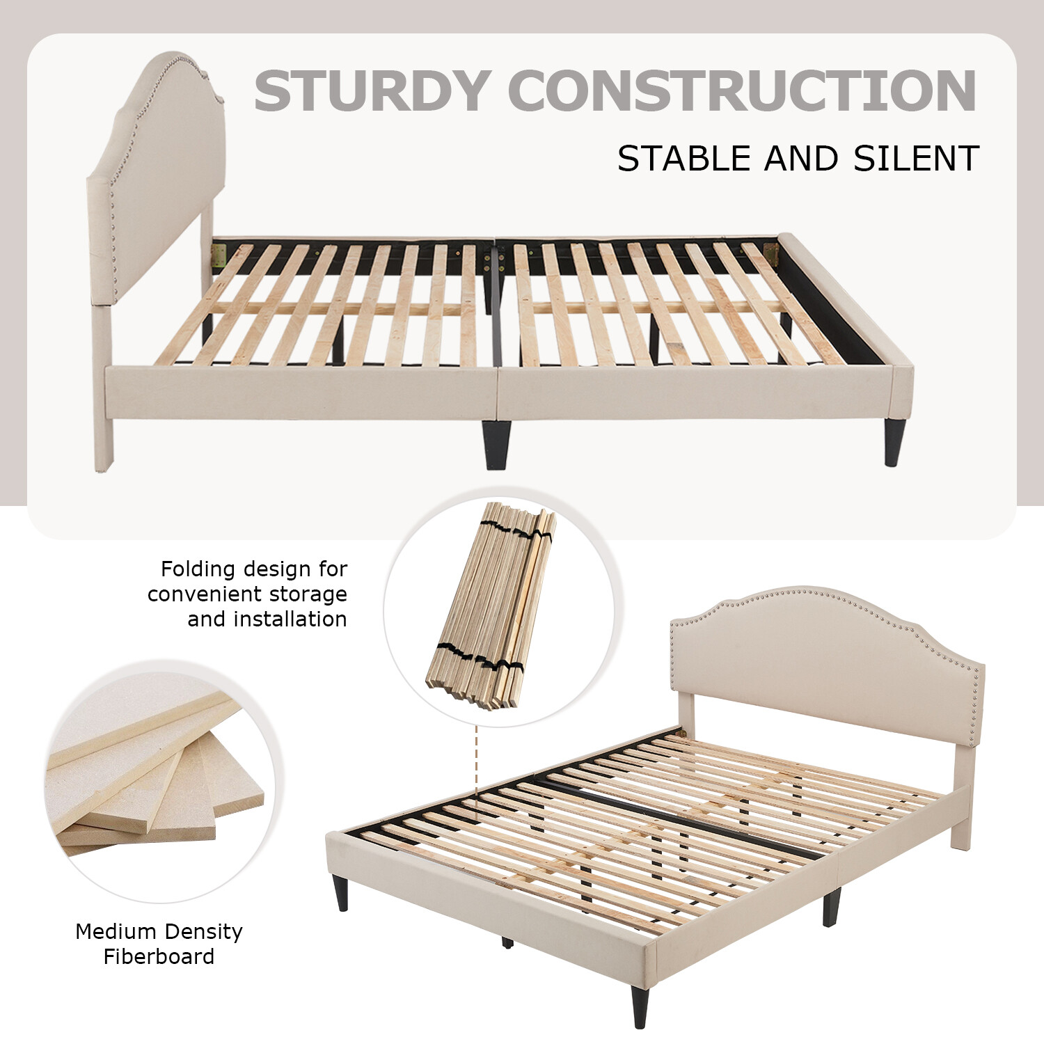 Upholstered Platform Bed Frame with Fabric Headboard and Wooden Slats