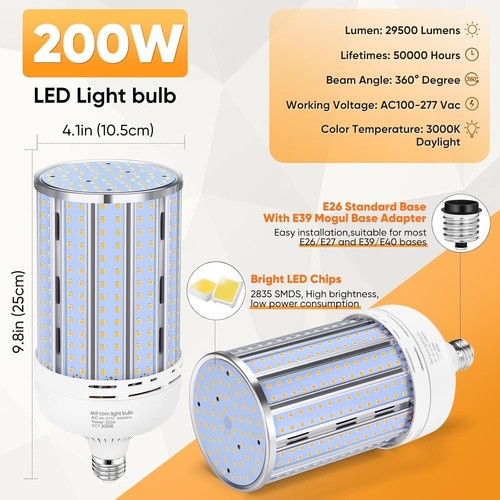 2 Pack 200W LED Corn Light Bulb 29500 Lumens 3000K Warm White, Fanless Design - Picture 5 of 8
