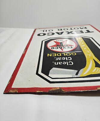 16.5 X 12 in ,Original TEXACO MOTOR OIL CLEAN GOLDEN PORCELAIN
