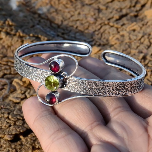 Green Peridot Cut, Red Garnet Gemstone Bracelet 925 Sterling Silver Jewelry Cuff - Picture 3 of 6